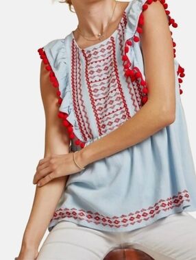 Savannah Jane Hop to it embroidered top in blue/red Size 1X NWT